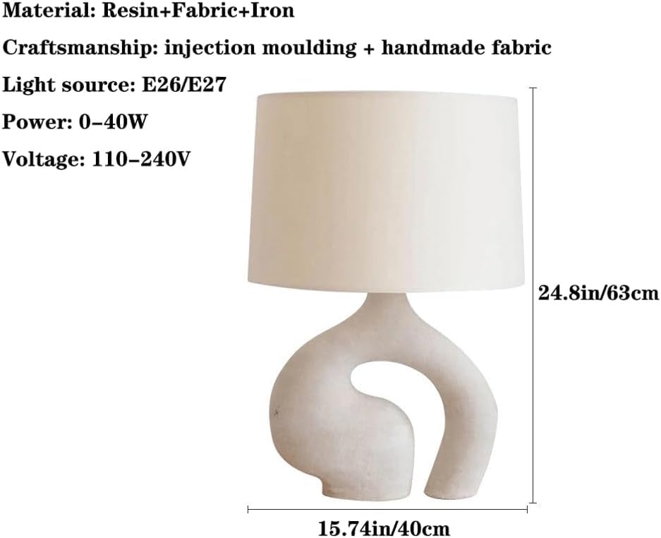 KANBUN Modern Scandinavian Table Lamp – White Resin Base with Fabric Shade, 63cm Height