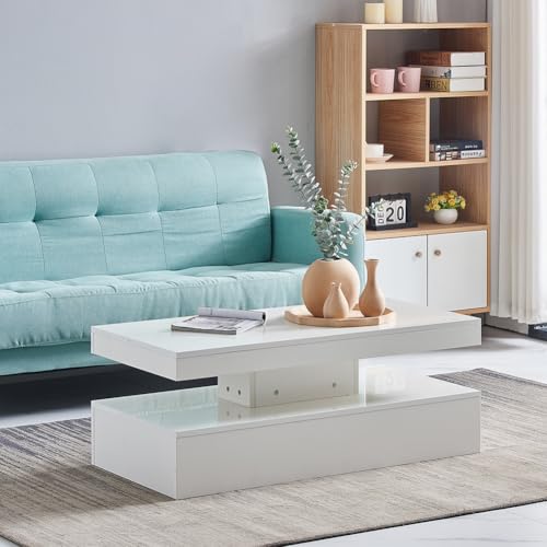 Qroxcey Modern White Coffee Table with RGB LED Lighting and Remote Control – High Gloss MDF Centre Table for Living Room