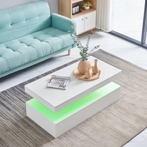 Qroxcey Modern White Coffee Table with RGB LED Lighting and Remote Control – High Gloss MDF Centre Table for Living Room