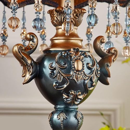 Victorian-Style Table Lamp – Pink Fabric Lampshade with Crystal Bead Trim & Antique Resin Base