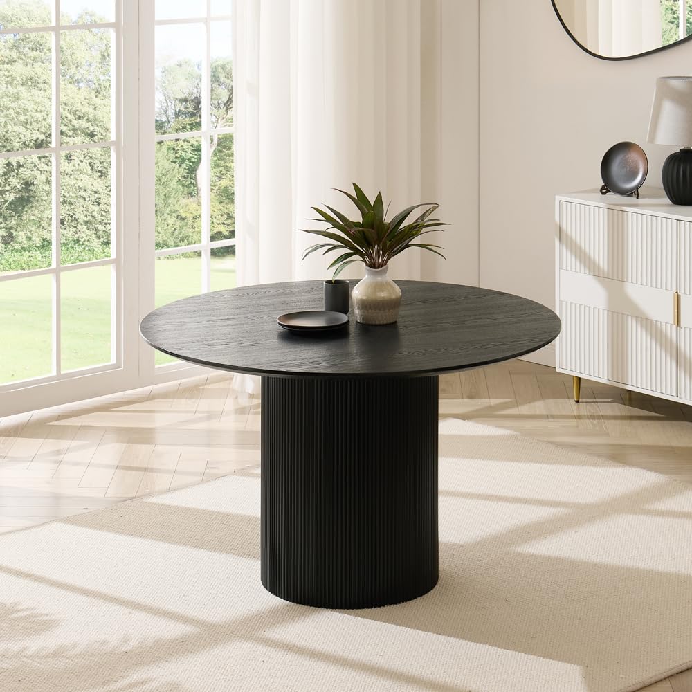 Japandi Round Dining Table – Black Wood Veneer, Seats 4-6, Modern Minimalist Design