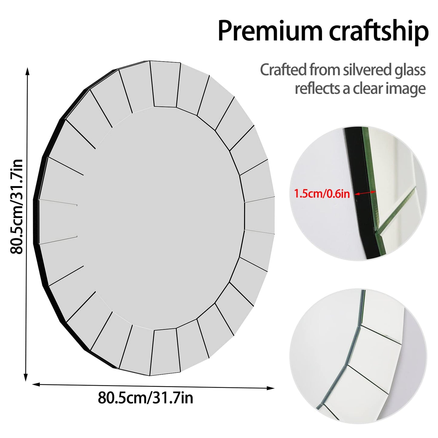 Decorative Art Wall Mirror Entryway : Elegant Artistic Look 5mm Premium Glass 80x80x1.7cm Circle Accent Mirror Silver Reflection Decor Mirrors Wall Mount for Living Room, Bathroom, Fireplace