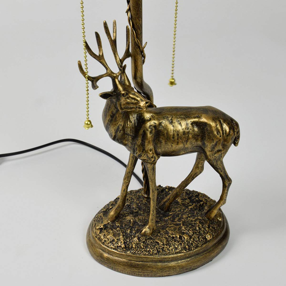 Tiffany-Style Table Lamp with Elk Resin Base – Handmade Stained Glass Shade, Pull Chain Switch