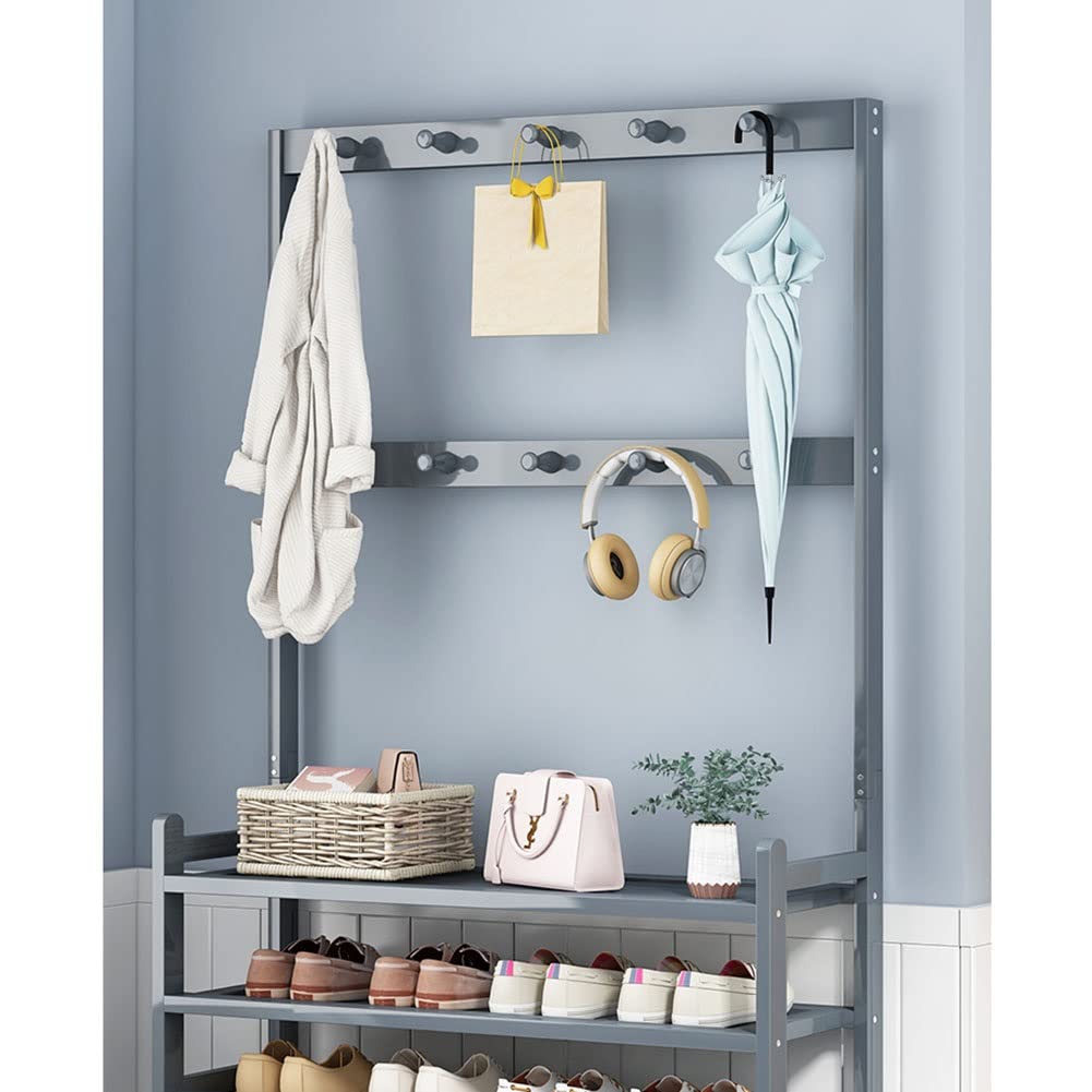 3-in-1 Wooden Coat Rack with Shoe Bench and Storage Shelves – Freestanding Entryway Organizer (Grey)