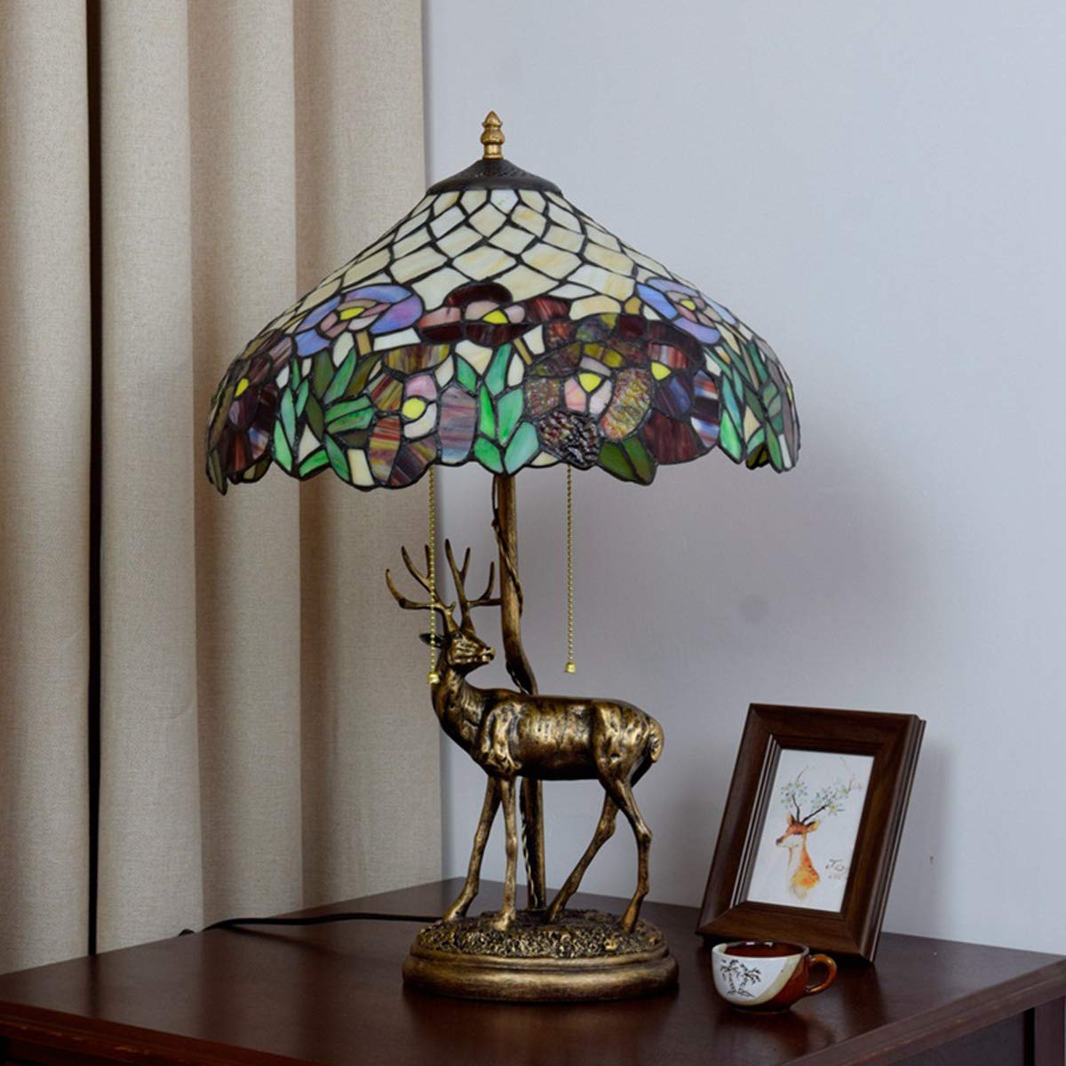 Tiffany-Style Table Lamp with Elk Resin Base – Handmade Stained Glass Shade, Pull Chain Switch