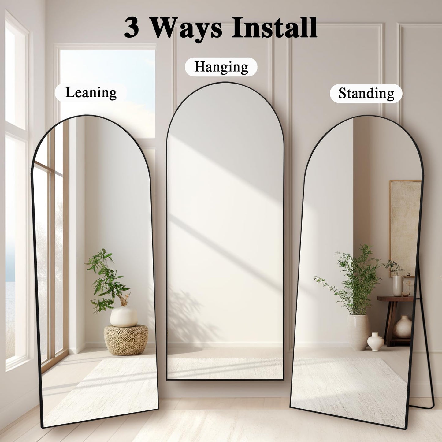 LunaMirror Oversized Arch Full-Length Mirror – 180x76cm Black Frame | Floor Standing or Wall Mounted