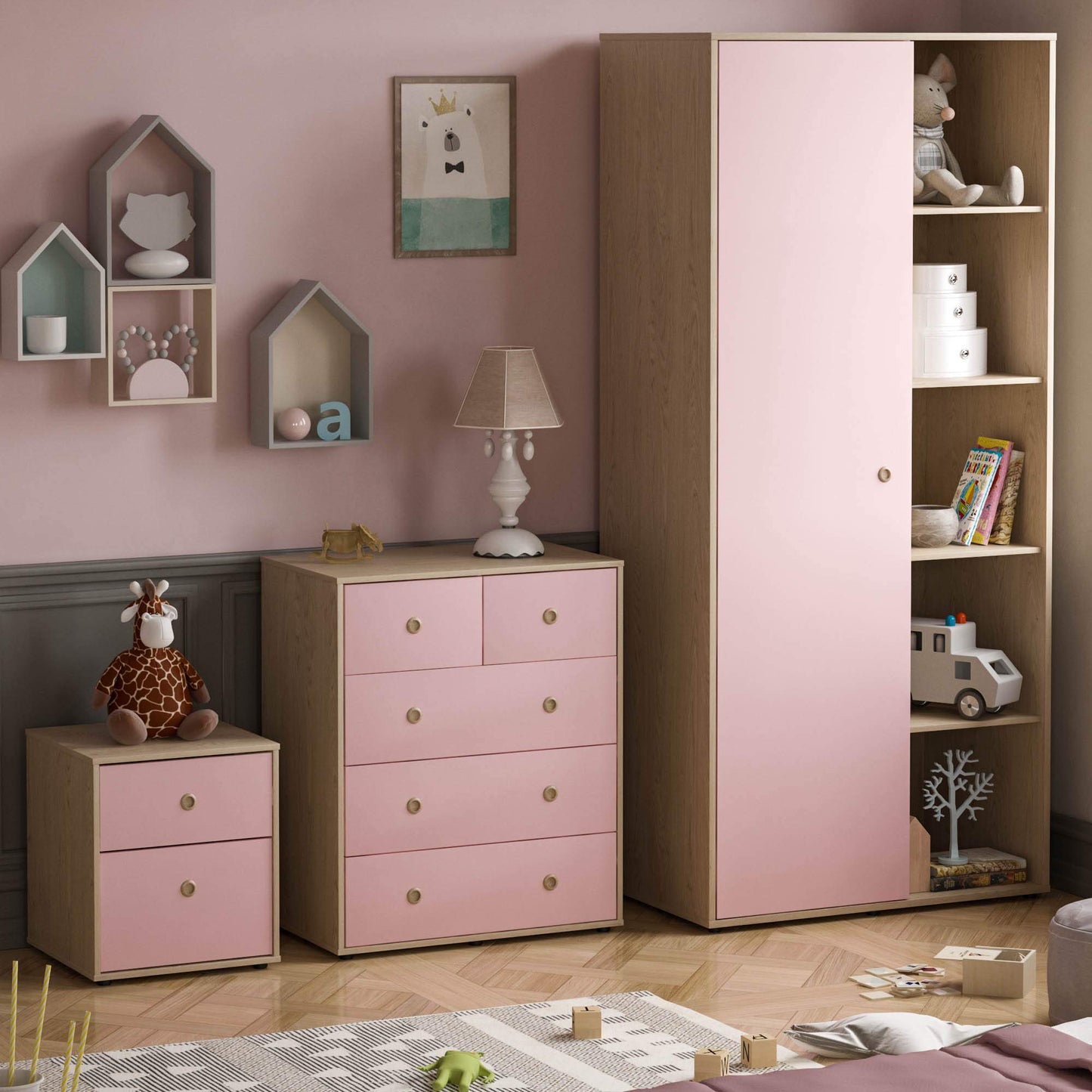 Junior Vida Neptune 3-Piece Bedroom Furniture Set – Pink & Oak Bedside Table, 5-Drawer Chest, and 1-Door Wardrobe