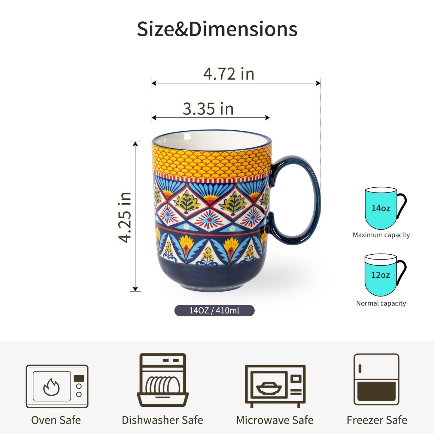 Porcelain Coffee Mug Set – 6-Pack, 410ml Colorful Cups with Handles, Bohemian Style Drinkware for Coffee, Tea, Milk & Cappuccino