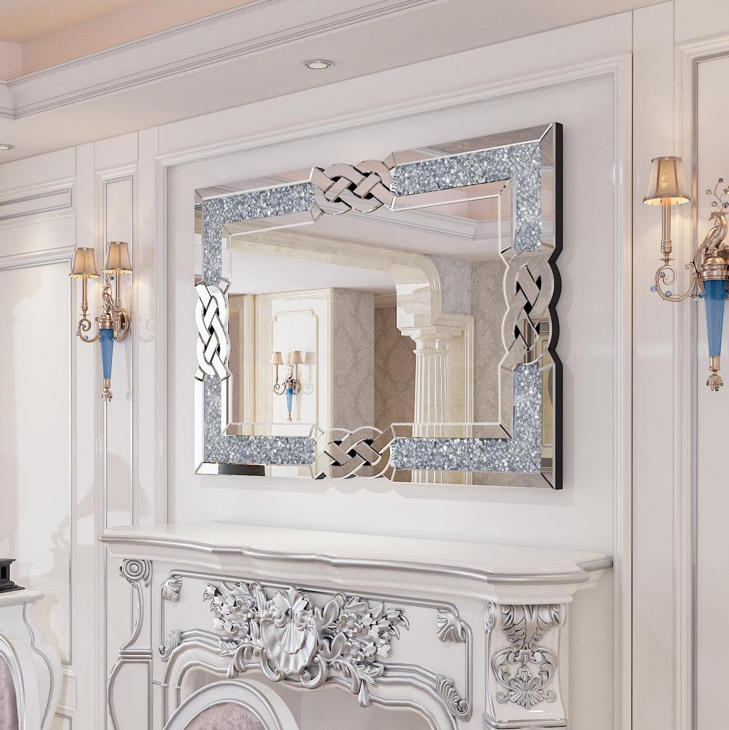 Rectangular Venetian Wall Mirror with Embedded Crystals – 90×60 cm Decorative Accent in Silver