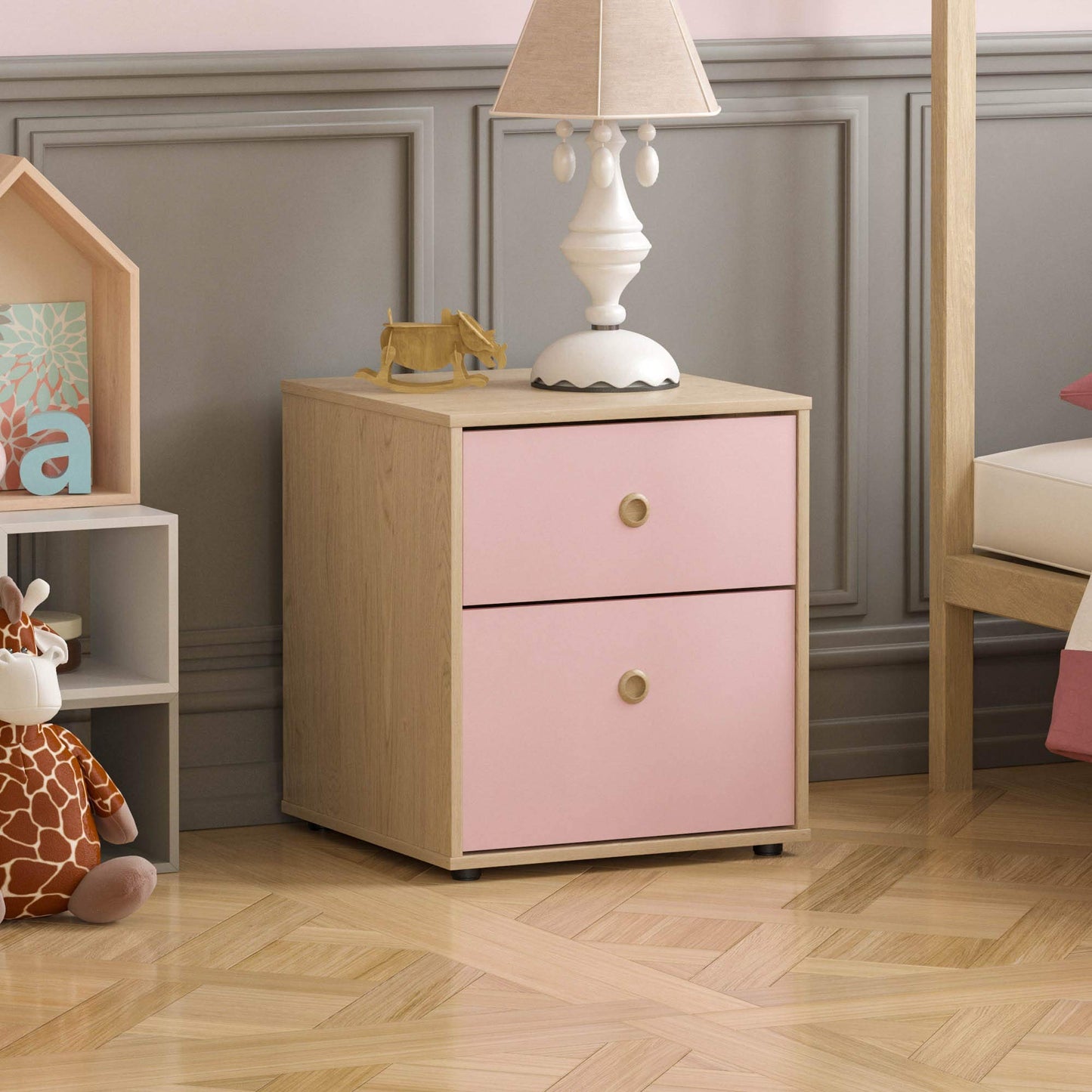 Junior Vida Neptune 3-Piece Bedroom Furniture Set – Pink & Oak Bedside Table, 5-Drawer Chest, and 1-Door Wardrobe