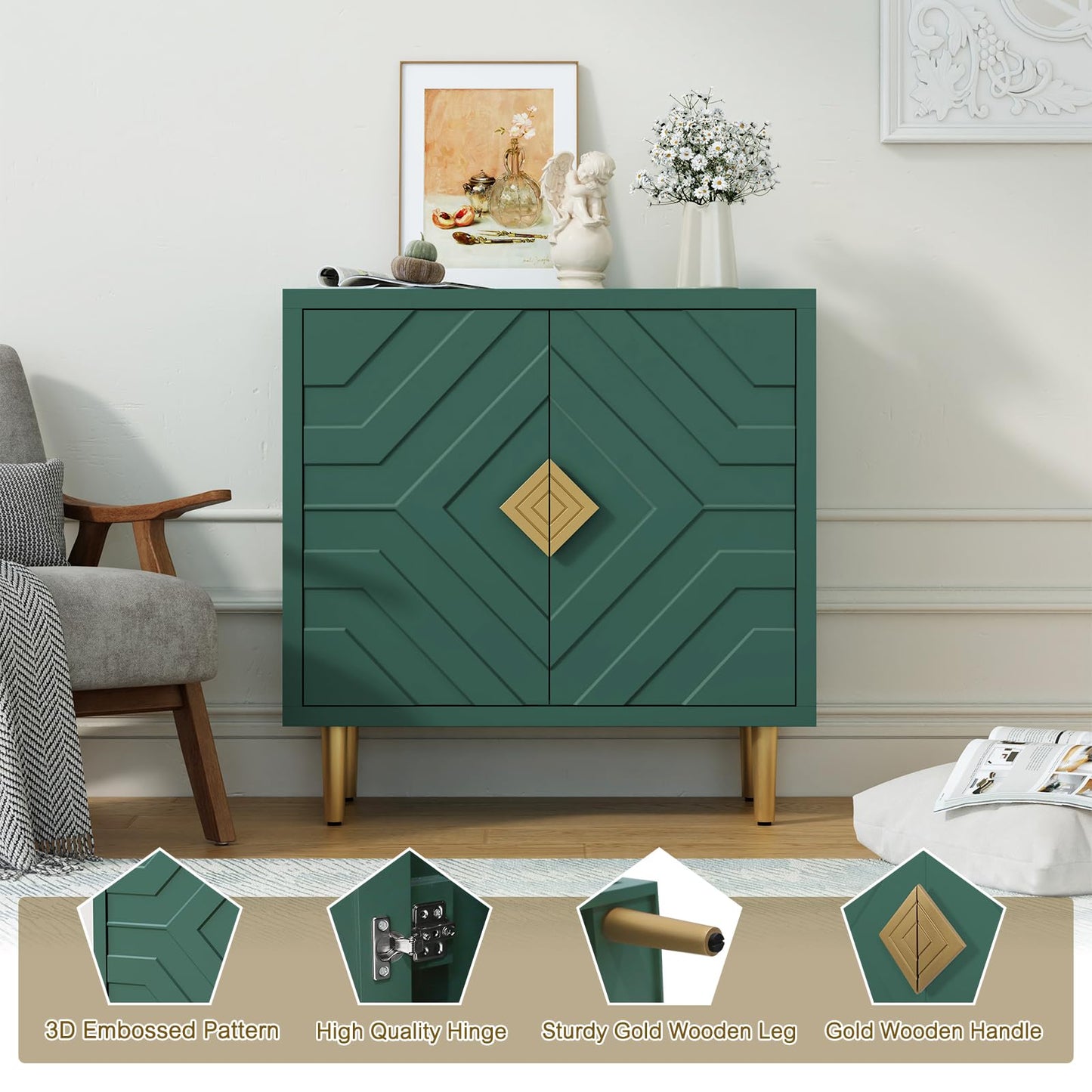HOLTICO Wooden Sideboard with 2 Doors | 3D Embossed Accent Cabinet | Modern Green Buffet Storage for Living Room, Dining Room & Hallway