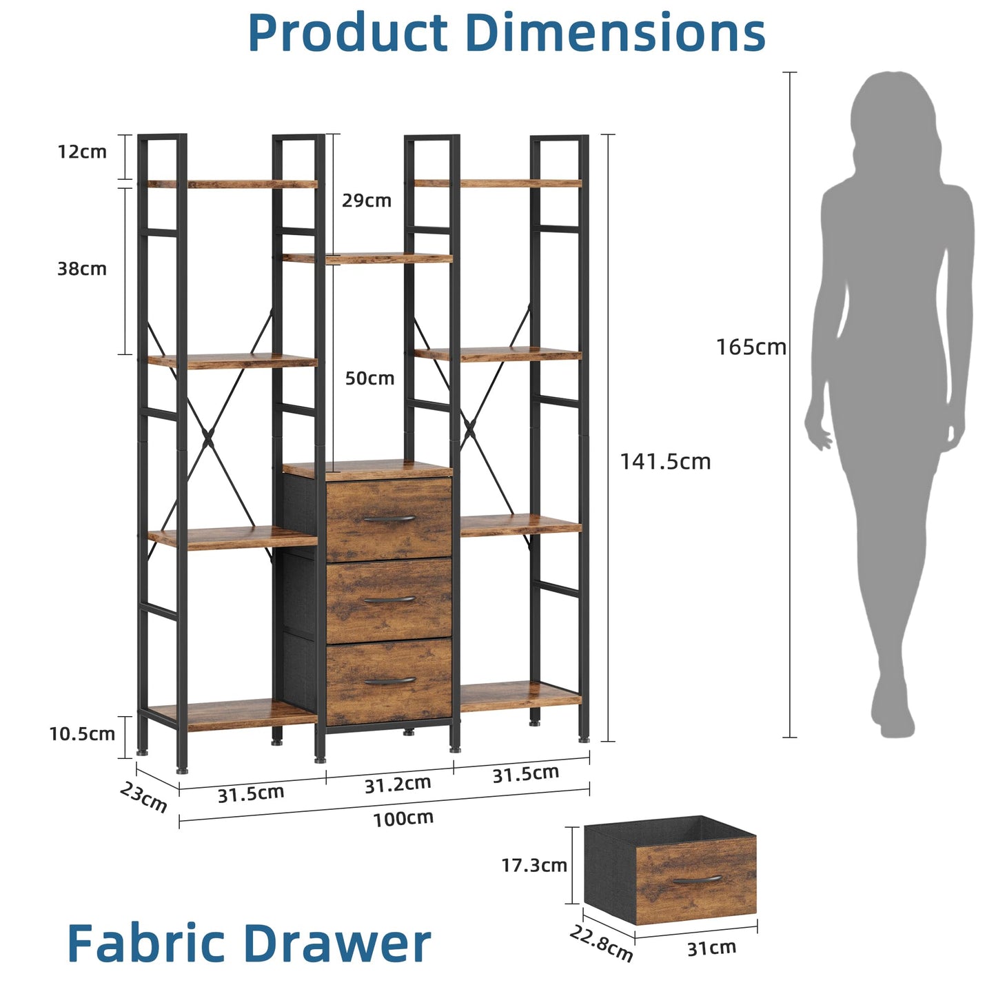 OYRREU 4-Tier Tall Bookcase with 3 Fabric Drawers – 100cm Wide Rustic Wood Storage & Display Shelf for Living Room, Bedroom & Home Office