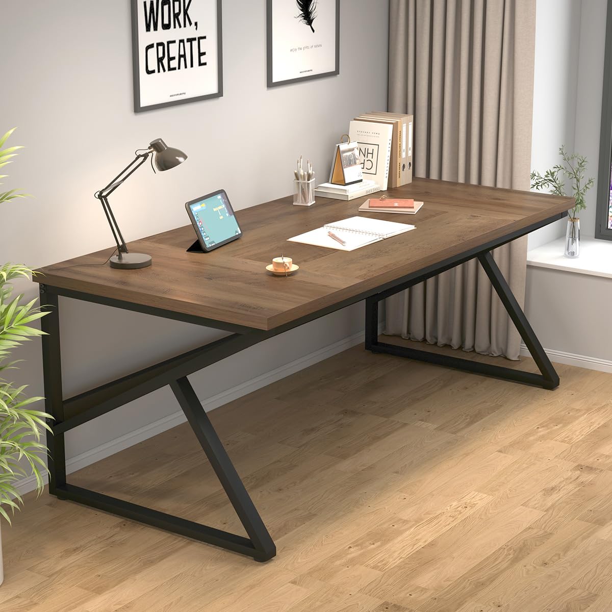 Large 180cm Rustic Office Desk – Double Workstation Table for Two with Metal Frame