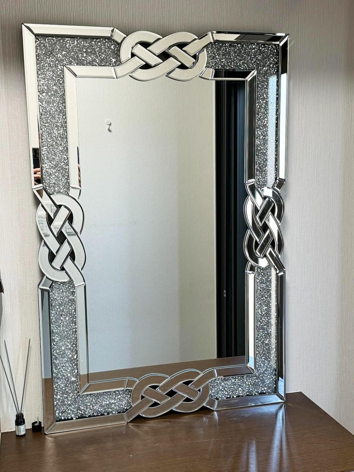 Rectangular Venetian Wall Mirror with Embedded Crystals – 90×60 cm Decorative Accent in Silver