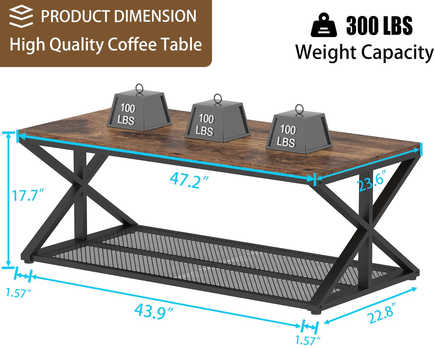 Rustic Brown Industrial Coffee Table – Wood and Metal Living Room Table with Mesh Shelf, 120 cm