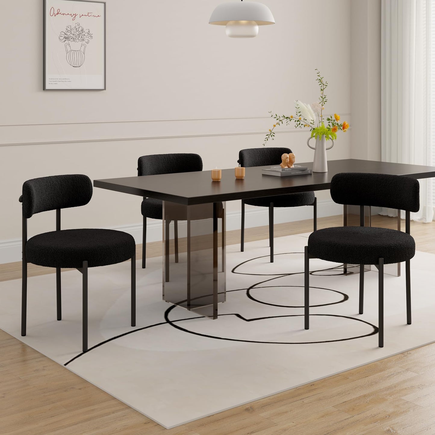 Set of 4 Black Bouclé Dining Chairs – Upholstered Curved Back Chairs with Armrests & Metal Legs
