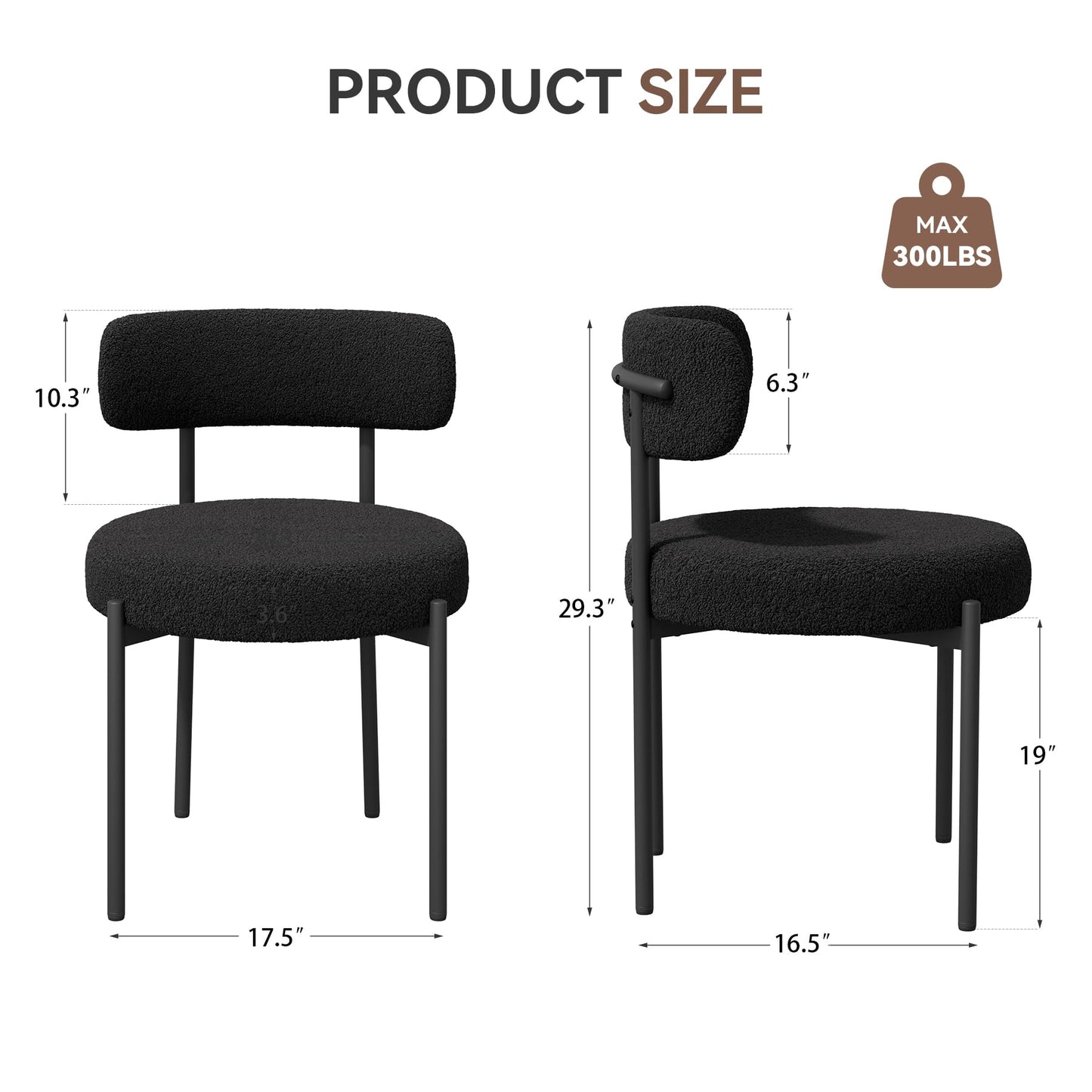 Set of 4 Black Bouclé Dining Chairs – Upholstered Curved Back Chairs with Armrests & Metal Legs