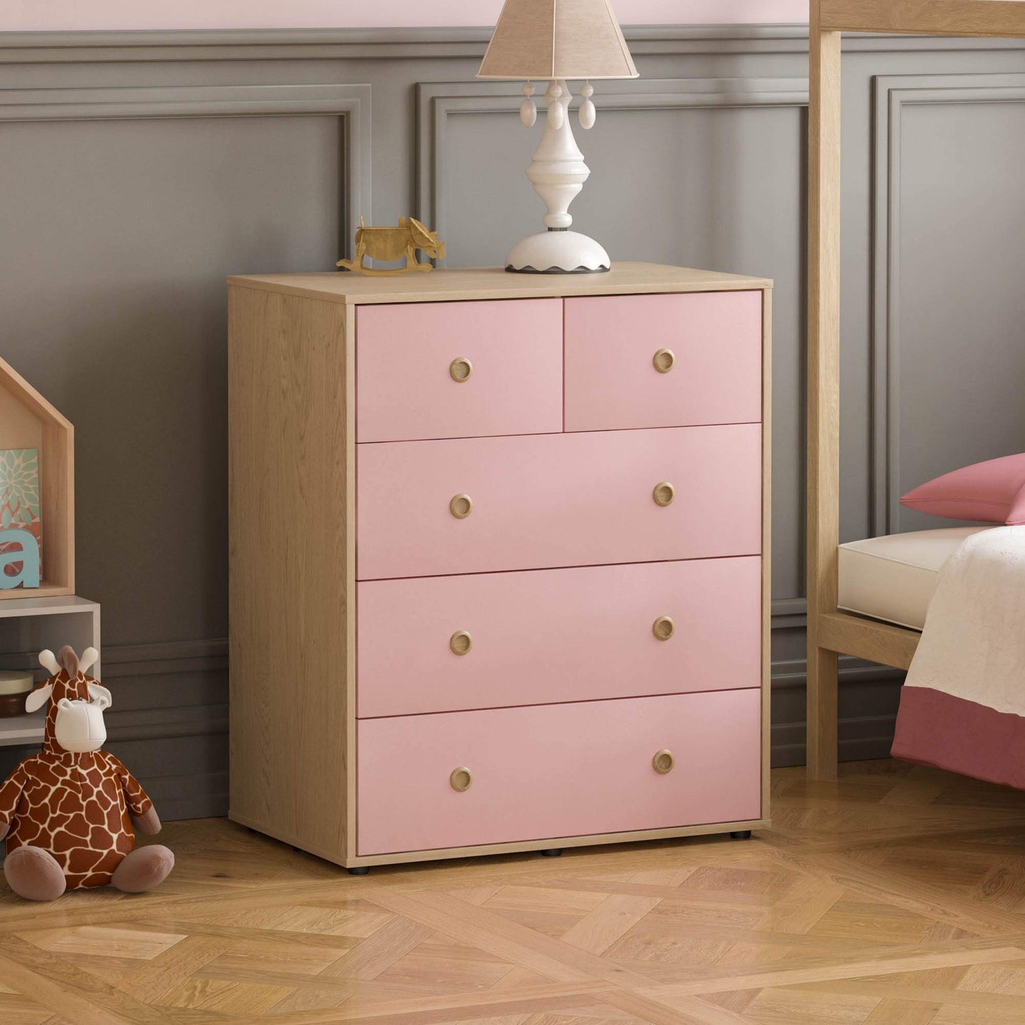 Junior Vida Neptune 3-Piece Bedroom Furniture Set – Pink & Oak Bedside Table, 5-Drawer Chest, and 1-Door Wardrobe