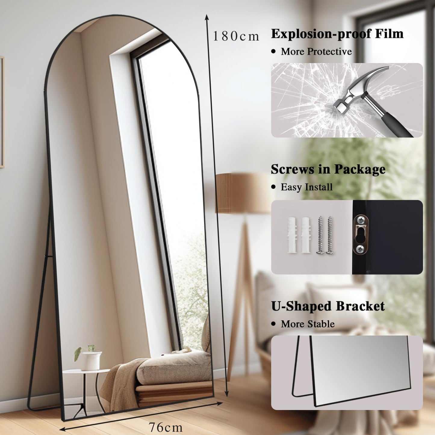 LunaMirror Oversized Arch Full-Length Mirror – 180x76cm Black Frame | Floor Standing or Wall Mounted