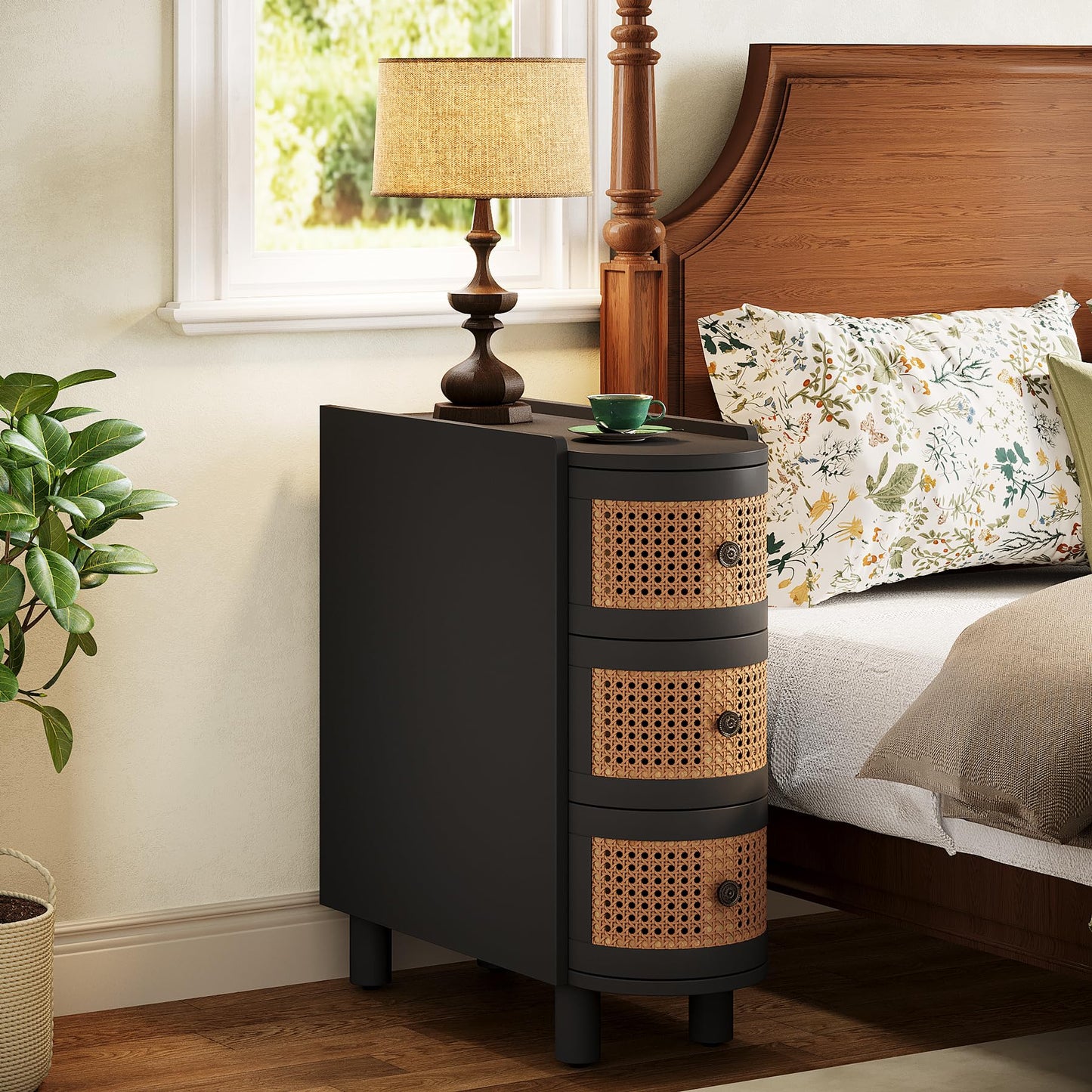 Tribesigns Solid Wood Side Table with 3 Rattan Drawers and Embossed Handles – Black & Oak Finish, No Assembly Required