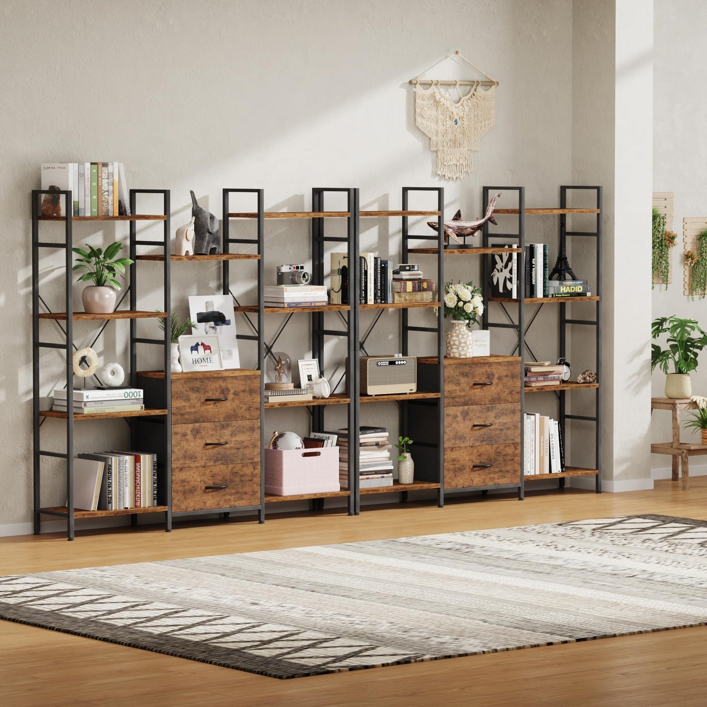 OYRREU 4-Tier Tall Bookcase with 3 Fabric Drawers – 100cm Wide Rustic Wood Storage & Display Shelf for Living Room, Bedroom & Home Office