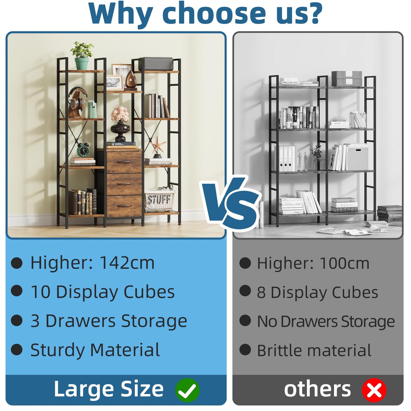 OYRREU 4-Tier Tall Bookcase with 3 Fabric Drawers – 100cm Wide Rustic Wood Storage & Display Shelf for Living Room, Bedroom & Home Office