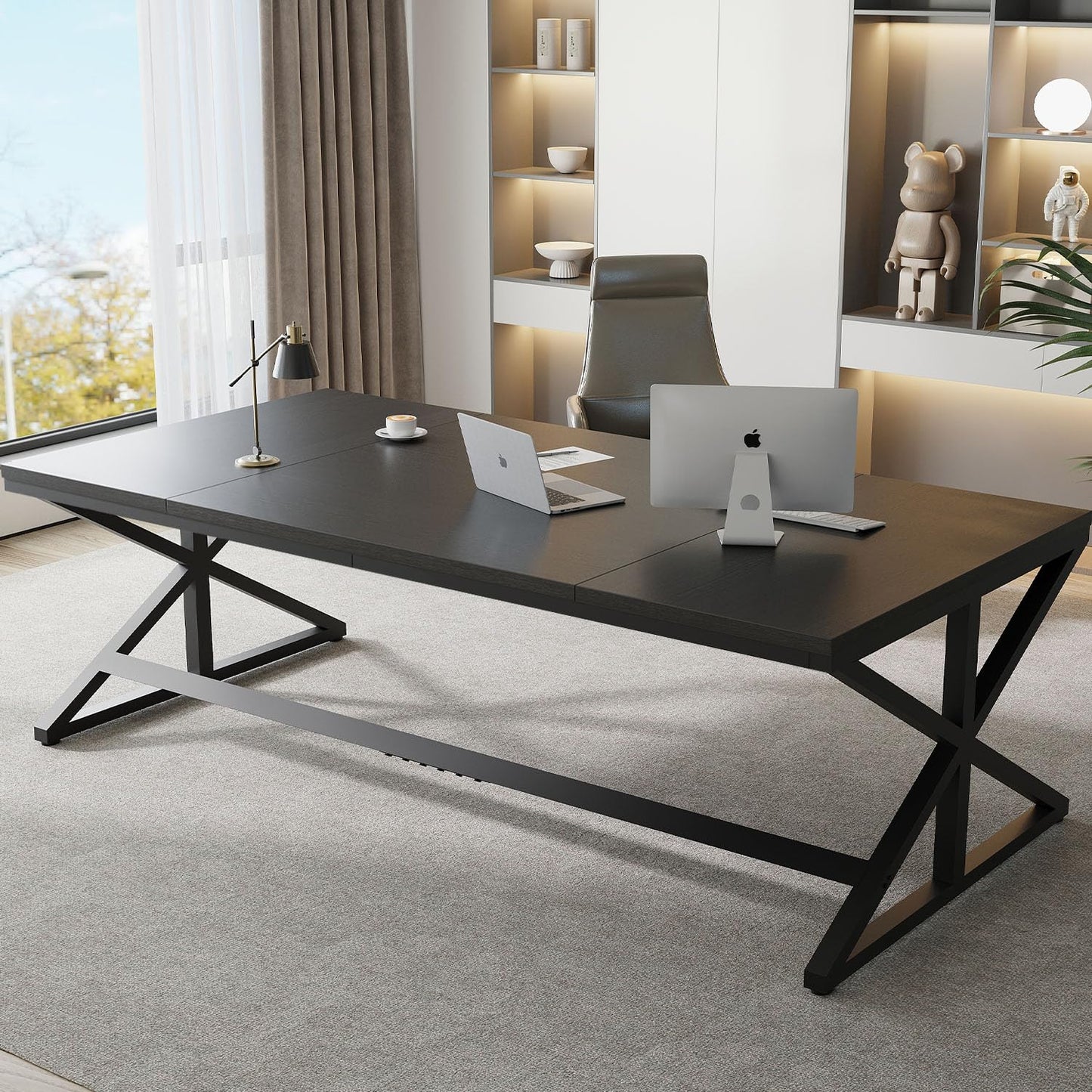 Modern 180cm Black Oak Computer Desk – Double Workstation Home Office Table for Tw