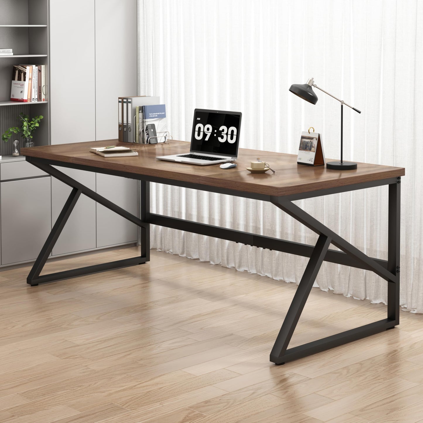 Large 180cm Rustic Office Desk – Double Workstation Table for Two with Metal Frame