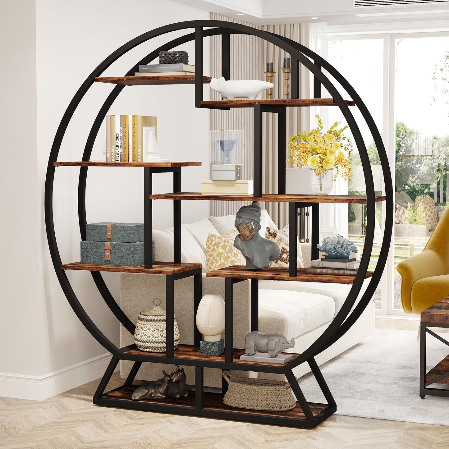 Tribesigns Industrial 5-Tier Round Bookcase – 160 cm Tall Rustic Brown Open Shelf Organizer for Home & Office