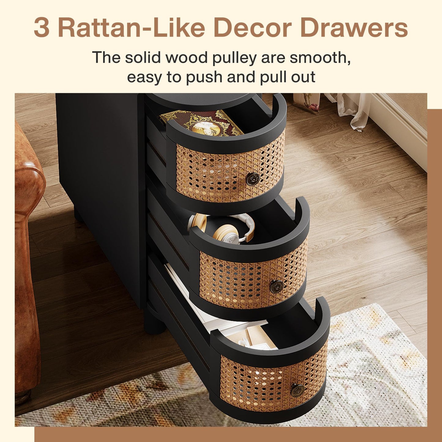 Tribesigns Solid Wood Side Table with 3 Rattan Drawers and Embossed Handles – Black & Oak Finish, No Assembly Required
