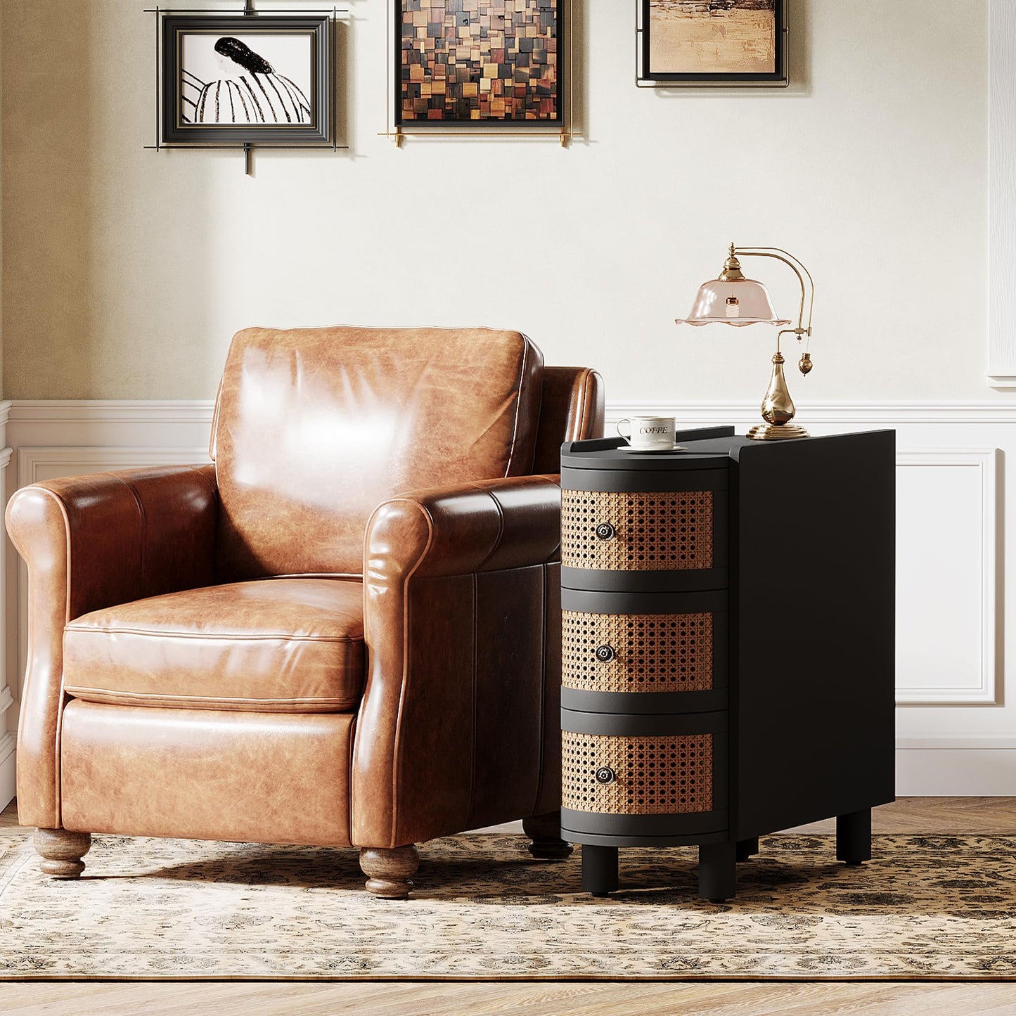 Tribesigns Solid Wood Side Table with 3 Rattan Drawers and Embossed Handles – Black & Oak Finish, No Assembly Required