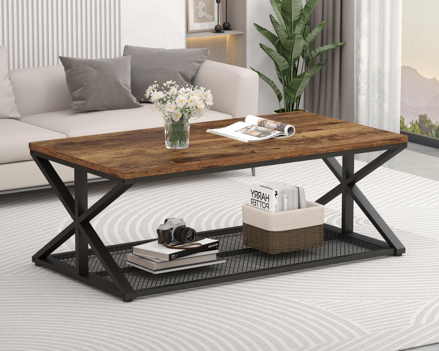 Rustic Brown Industrial Coffee Table – Wood and Metal Living Room Table with Mesh Shelf, 120 cm