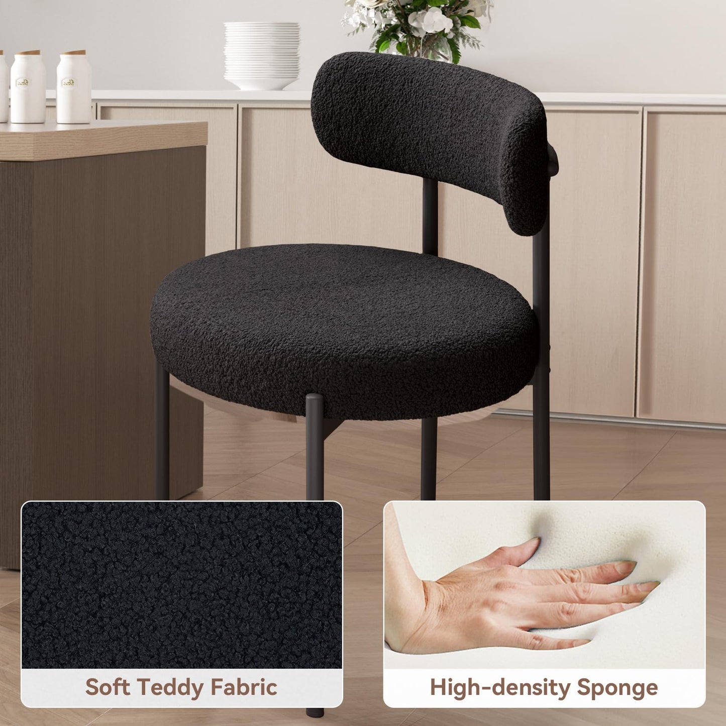 Set of 4 Black Bouclé Dining Chairs – Upholstered Curved Back Chairs with Armrests & Metal Legs