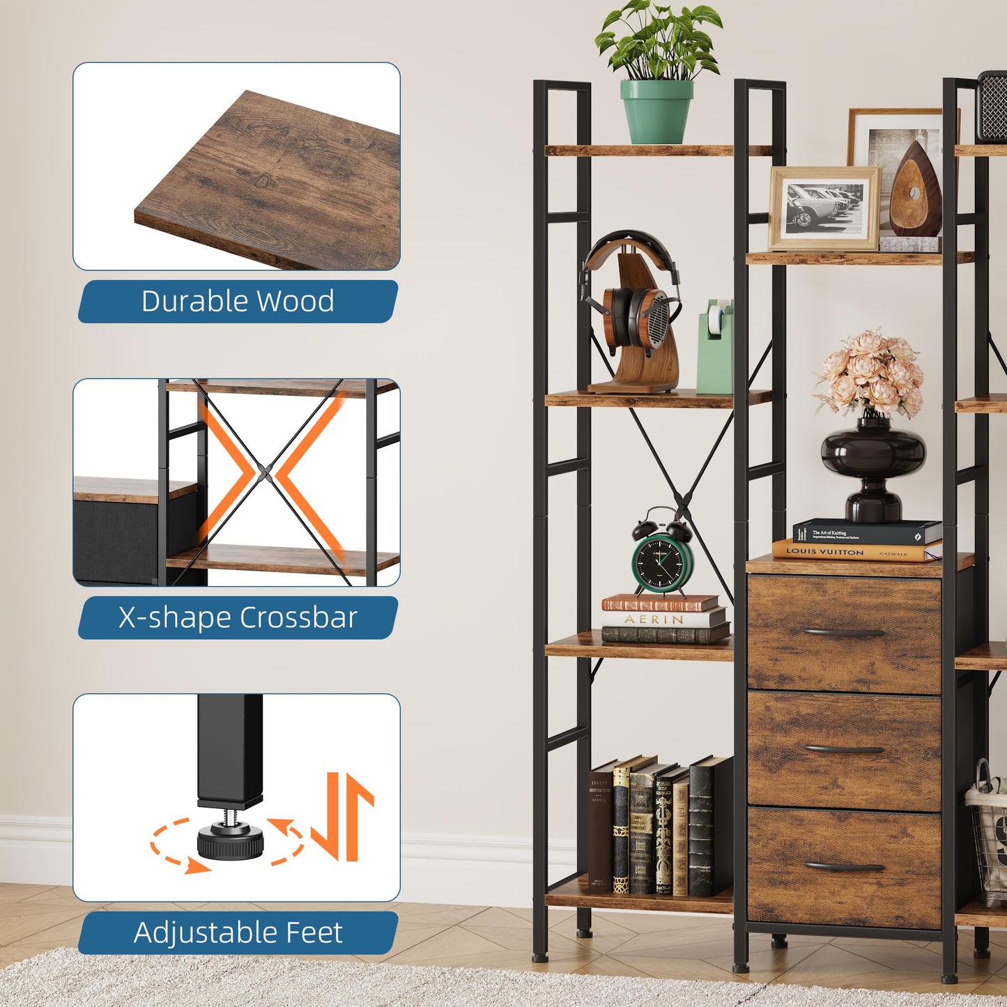 OYRREU 4-Tier Tall Bookcase with 3 Fabric Drawers – 100cm Wide Rustic Wood Storage & Display Shelf for Living Room, Bedroom & Home Office