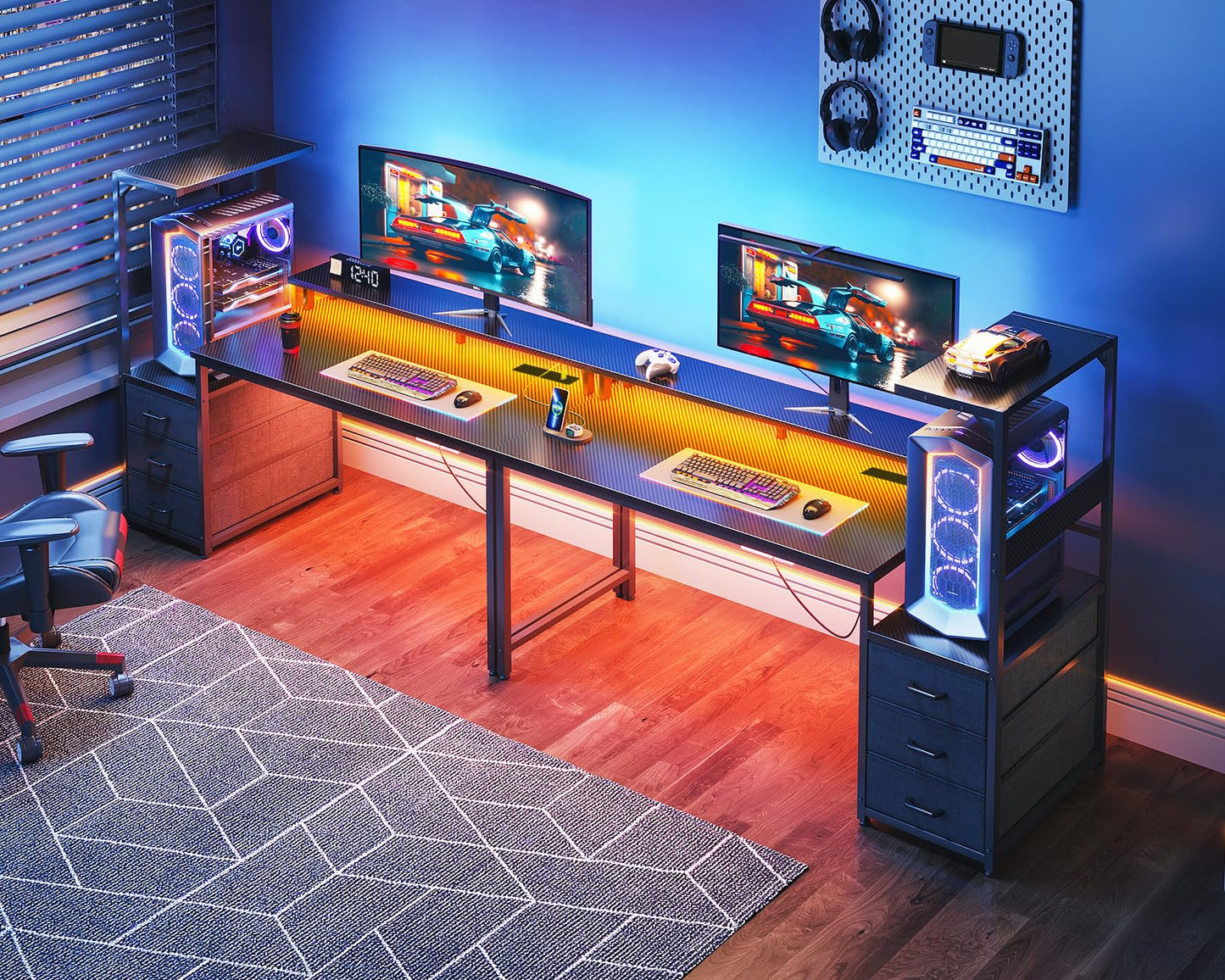 150cm LED Gaming Desk with Power Outlets – Reversible Computer Desk with Drawers & Monitor Stand – Carbon Fiber Black