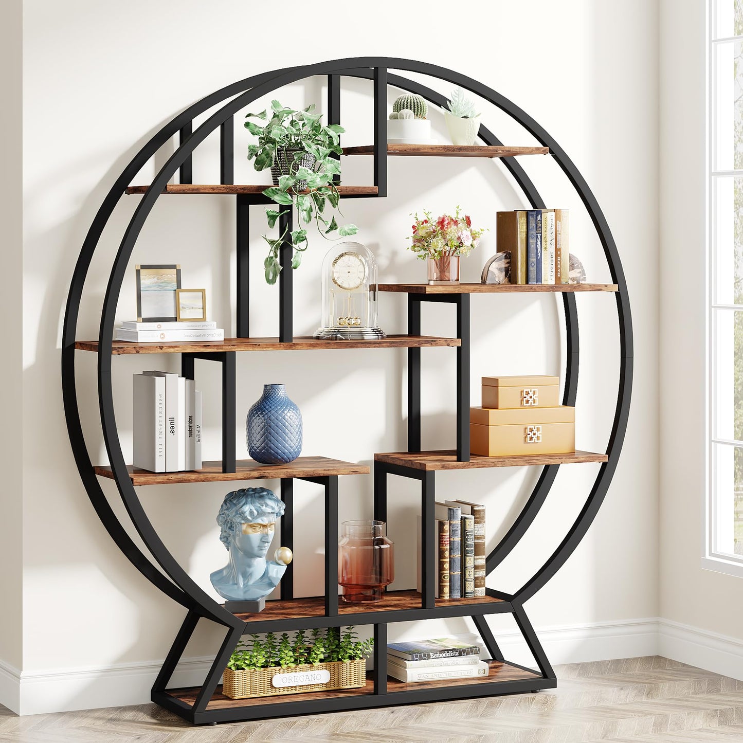 Tribesigns Industrial 5-Tier Round Bookcase – 160 cm Tall Rustic Brown Open Shelf Organizer for Home & Office
