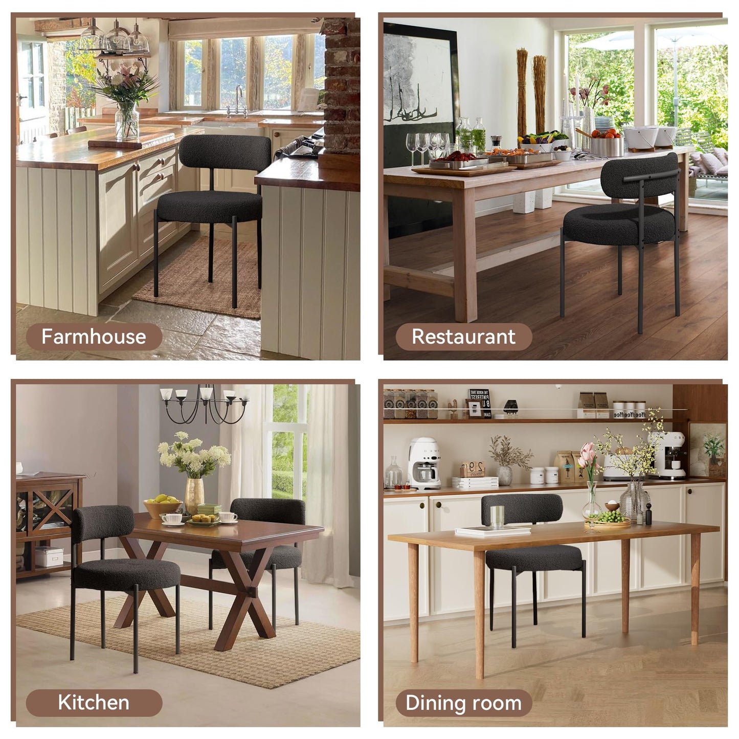 Set of 4 Black Bouclé Dining Chairs – Upholstered Curved Back Chairs with Armrests & Metal Legs
