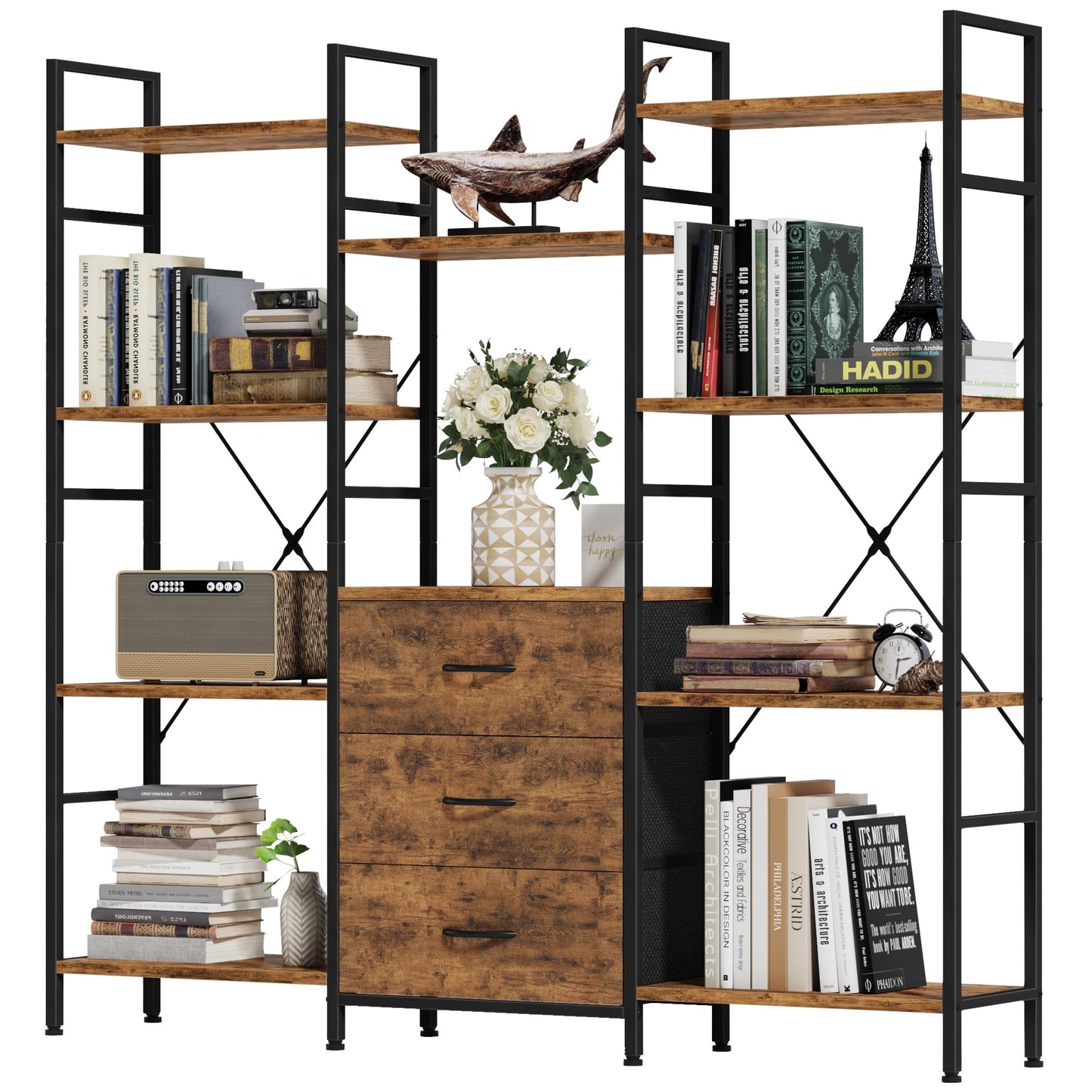 OYRREU 4-Tier Tall Bookcase with 3 Fabric Drawers – 100cm Wide Rustic Wood Storage & Display Shelf for Living Room, Bedroom & Home Office