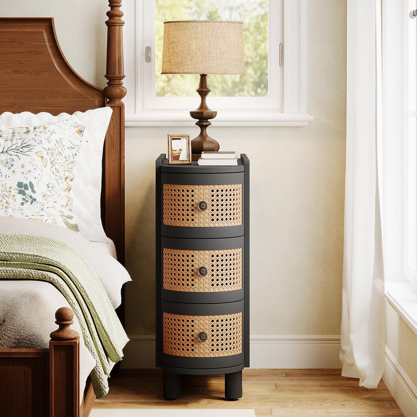 Tribesigns Solid Wood Side Table with 3 Rattan Drawers and Embossed Handles – Black & Oak Finish, No Assembly Required