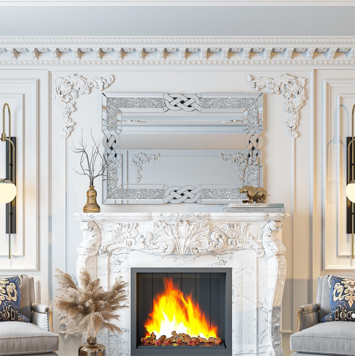 Rectangular Venetian Wall Mirror with Embedded Crystals – 90×60 cm Decorative Accent in Silver