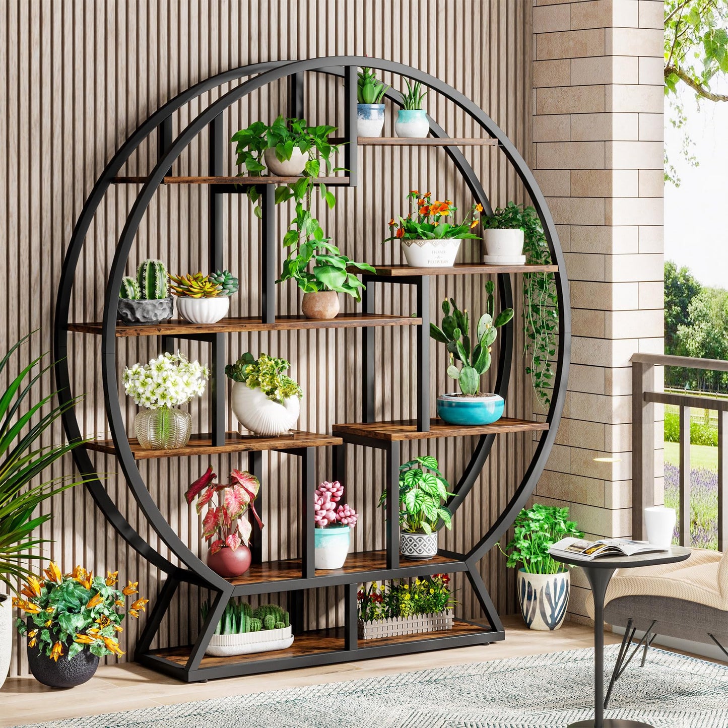 Tribesigns Industrial 5-Tier Round Bookcase – 160 cm Tall Rustic Brown Open Shelf Organizer for Home & Office