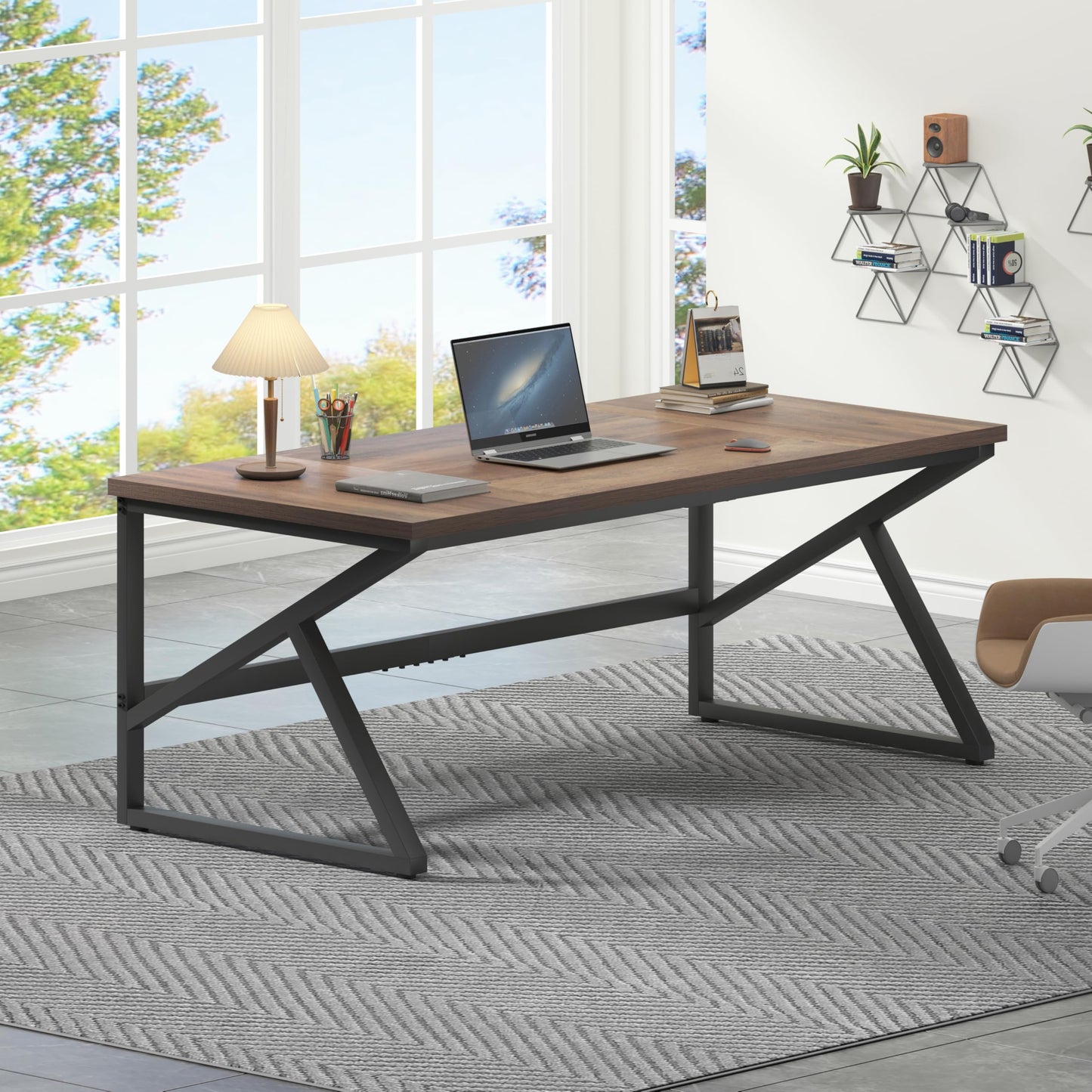 Large 180cm Rustic Office Desk – Double Workstation Table for Two with Metal Frame