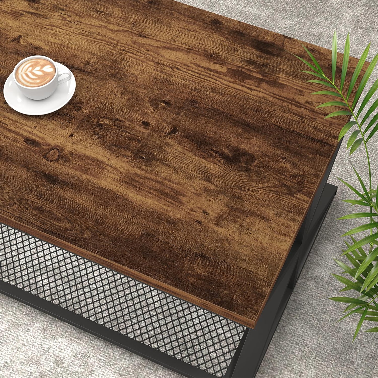 Rustic Brown Industrial Coffee Table – Wood and Metal Living Room Table with Mesh Shelf, 120 cm