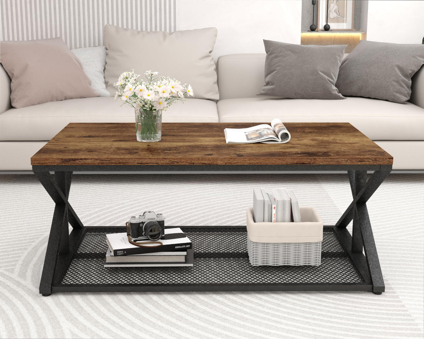 Rustic Brown Industrial Coffee Table – Wood and Metal Living Room Table with Mesh Shelf, 120 cm