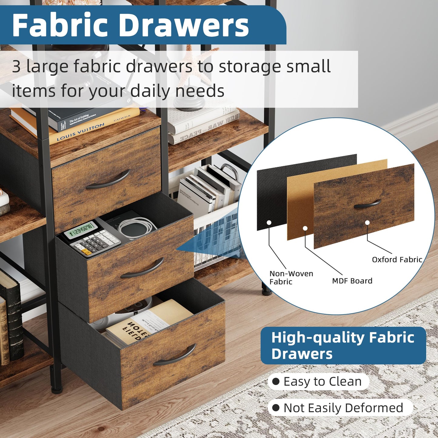 OYRREU 4-Tier Tall Bookcase with 3 Fabric Drawers – 100cm Wide Rustic Wood Storage & Display Shelf for Living Room, Bedroom & Home Office