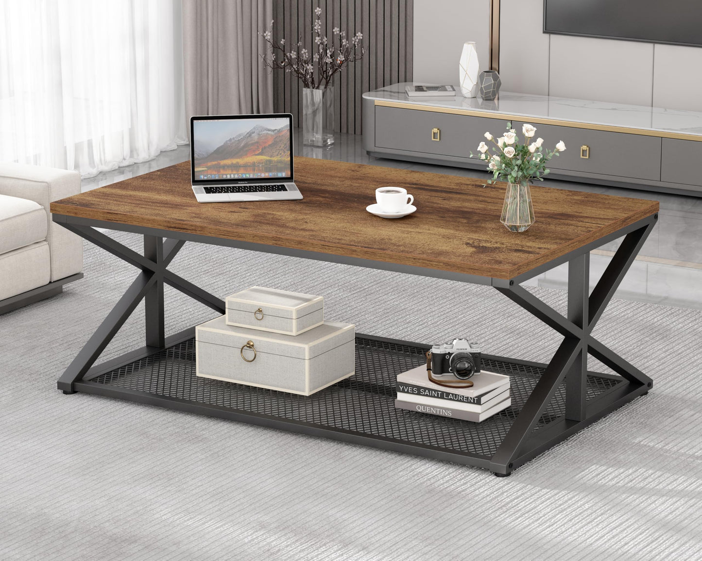Rustic Brown Industrial Coffee Table – Wood and Metal Living Room Table with Mesh Shelf, 120 cm