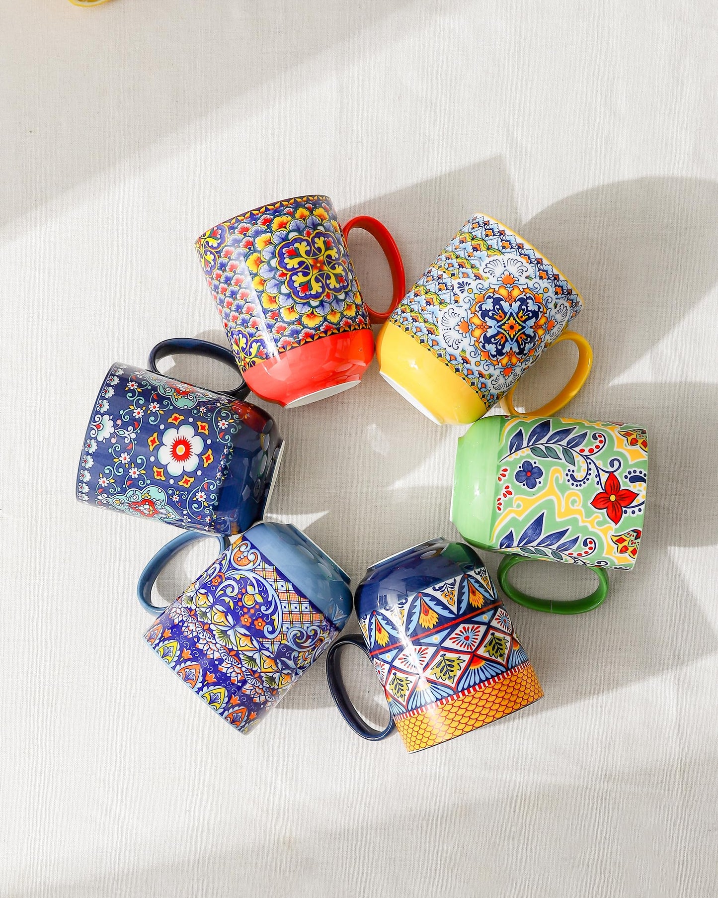 Porcelain Coffee Mug Set – 6-Pack, 410ml Colorful Cups with Handles, Bohemian Style Drinkware for Coffee, Tea, Milk & Cappuccino