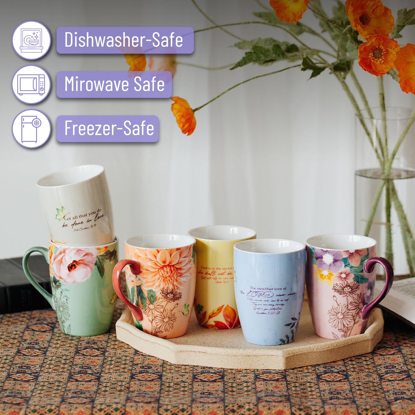 Inspirational Christian Coffee Mug Set – 6 Assorted 12 oz Scripture Mugs with Bible Verses