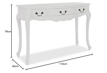 Juliette French-Style Dressing Table with 3 Drawers – White or Champagne Finish | Carved Detailing | Swan or Crystal Handles | 110cm W x 79cm H x 40cm D