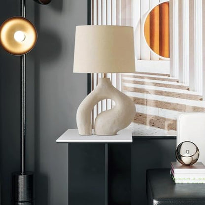 KANBUN Modern Scandinavian Table Lamp – White Resin Base with Fabric Shade, 63cm Height
